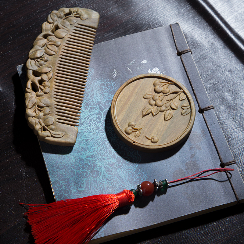 周广胜檀香木梳子镜子套装防静电绿檀小手工木梳女随身便携