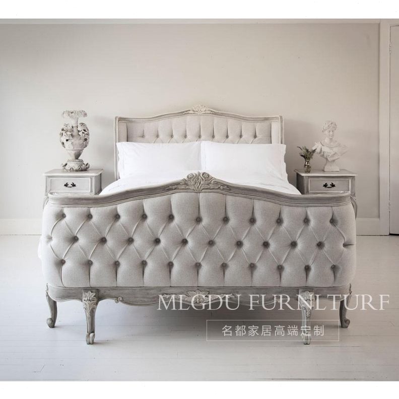 实木床头柜别墅实木雕花灰色 高端婚床实木床大床  法国头边柜柜