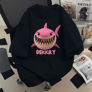 上衣 男女t恤卡通鲨鱼印花半袖 重磅短T美式 痞帅纯棉炸街夏黑色短袖