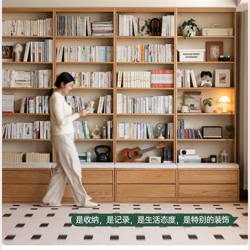 全实木满墙书架红橡木带卡座落地柜书柜展示柜imx巨幕满墙柜