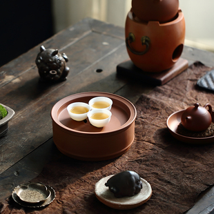 茶海壶承圆形10寸手拉茶船 潮州功夫茶具手工朱泥茶盘u家用储水式