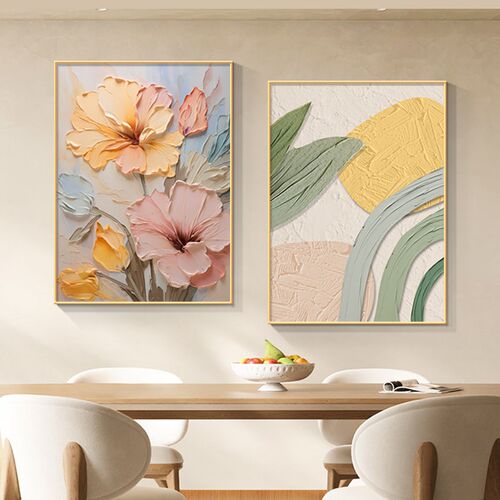 奶油风饭厅装饰画两立体卉肌理油画饭厅餐桌墙壁客厅挂画