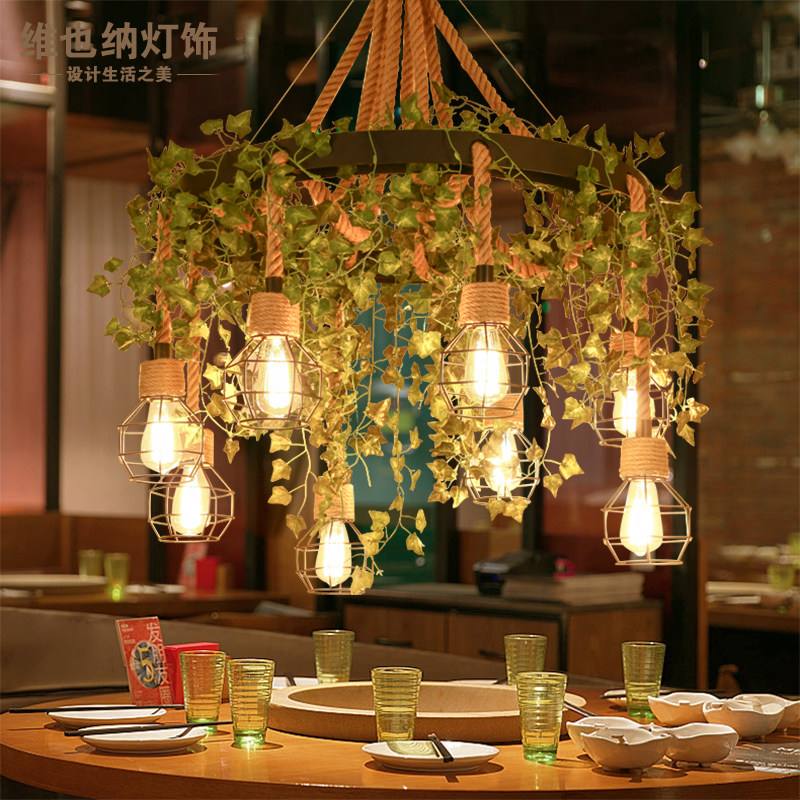 工业风吊灯创意个性音乐灯复古美发烧烤店绿装饰麻绳灯具