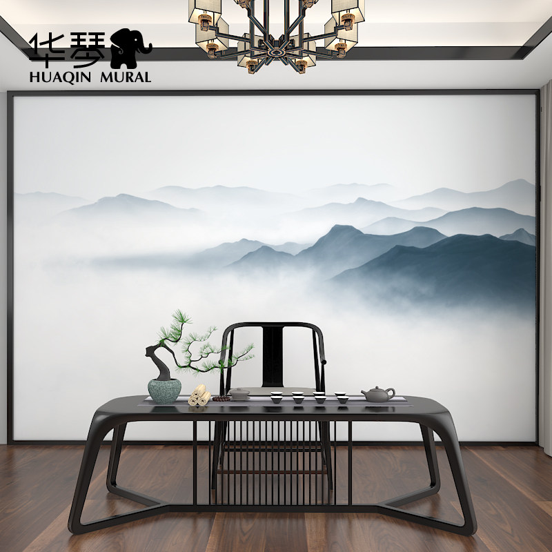 现代新电视背景墙壁纸客厅沙发墙纸意境水墨山水墙布壁画壁布