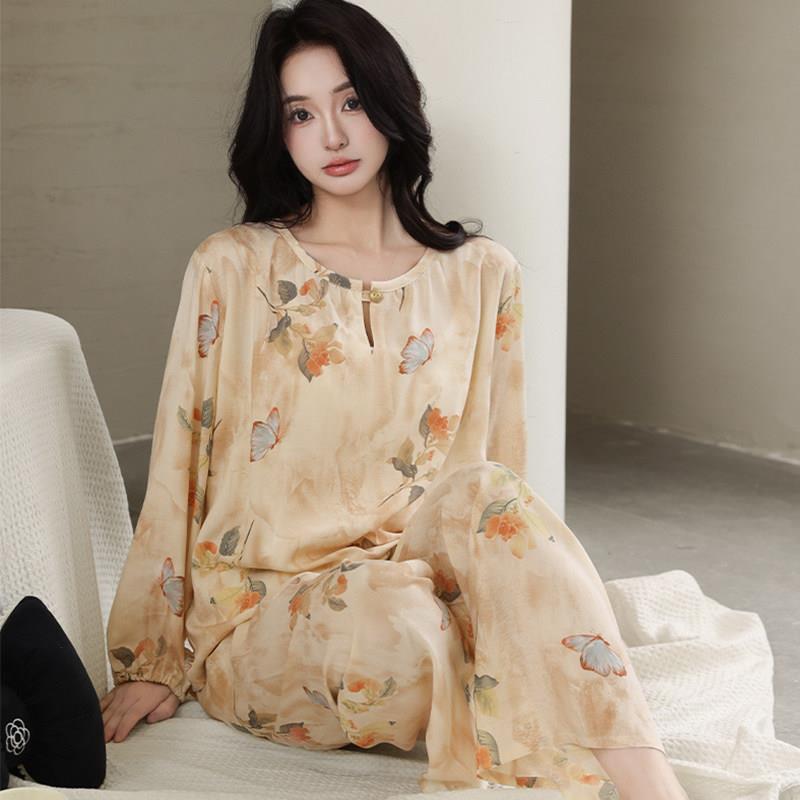 夏季女士棉绸薄款睡衣套装人造绵中年妈妈长袖裤空调家居服春夏天