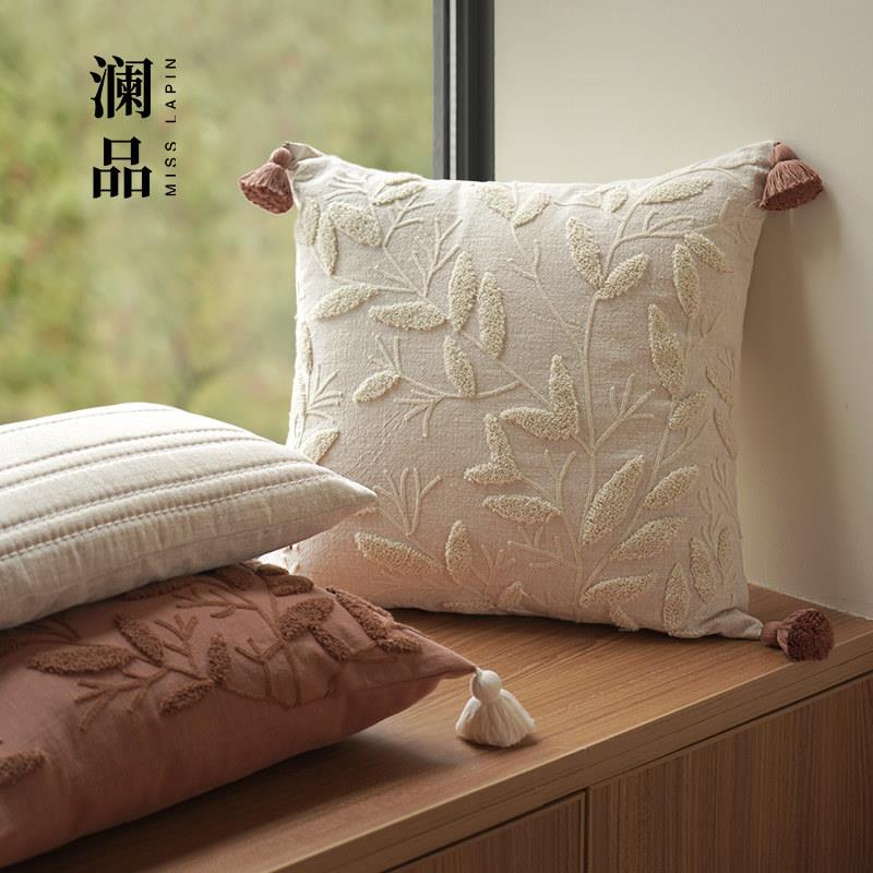 澜品『夏枝轻语』棉麻立体簇绒绣花抱枕中式靠枕客厅靠垫沙发腰枕