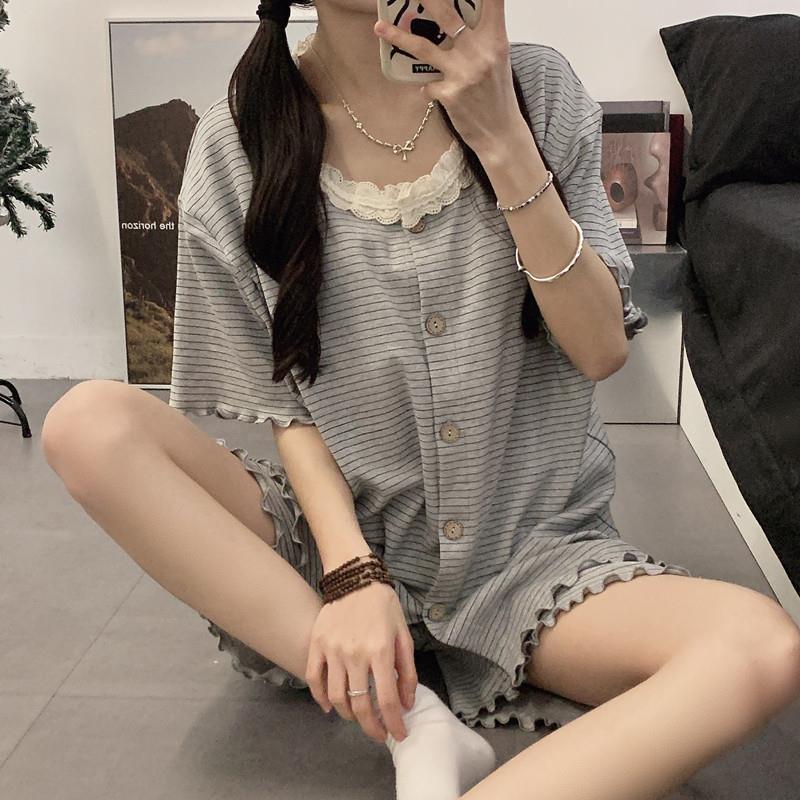 孕妇套装夏季薄款短袖月子服两件家居服睡衣透气短裤带胸垫孕妇装