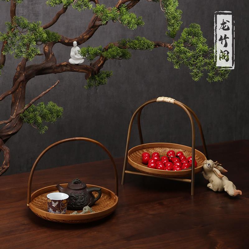 竹编复古提篮家用圆形收纳筐手工糕点盘茶道茶桌水果篮中式竹篮子