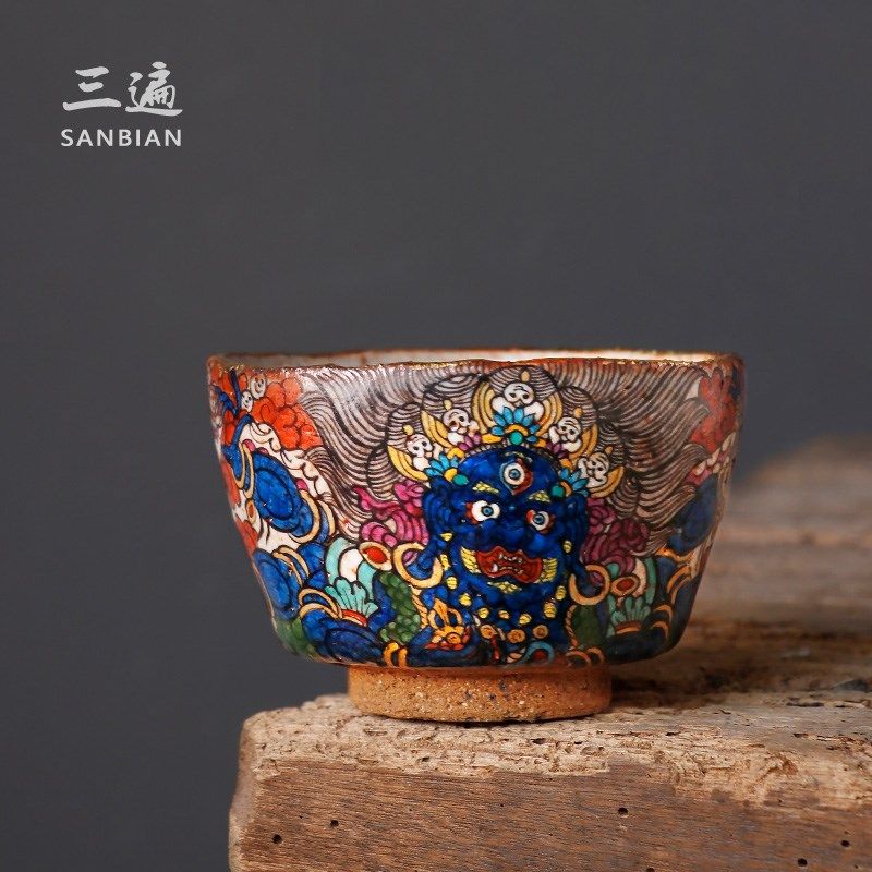 九觉堂手绘唐卡大黑天茶杯敦煌柴烧岩矿人杯手工志野单杯品茗杯,餐饮具,茶杯,淘宝优惠券,粉丝福利购,淘宝优惠卷