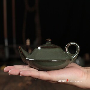 古韵青瓷铁胎问天壶功夫茶冰裂小号茶壶紫砂普洱片扁壶养