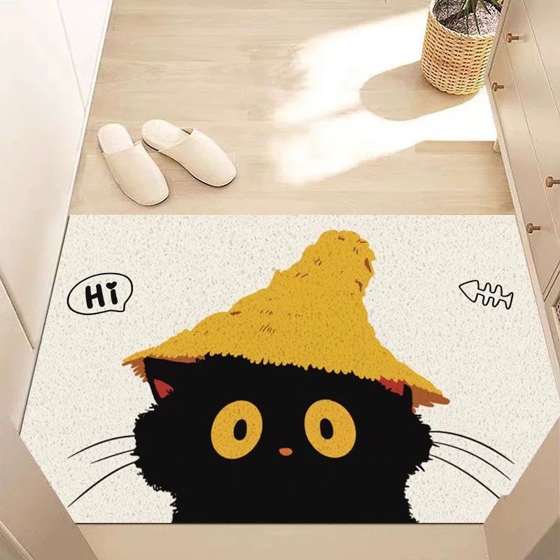 可爱黑色猫猫丝圈入户门垫创意文字玄关除尘可裁剪门口地垫超防滑