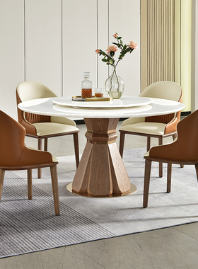 级皇室冰玉奢石圆形设计师白蜡木白色大理石桌别墅圆桌