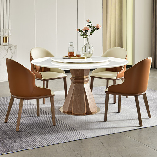 级皇室冰玉奢石圆形设计师白蜡木白色大理石桌别墅圆桌