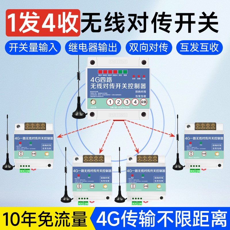 4G开关量传输模块1发4收无线互发互收固定反馈信号对传开关控制器