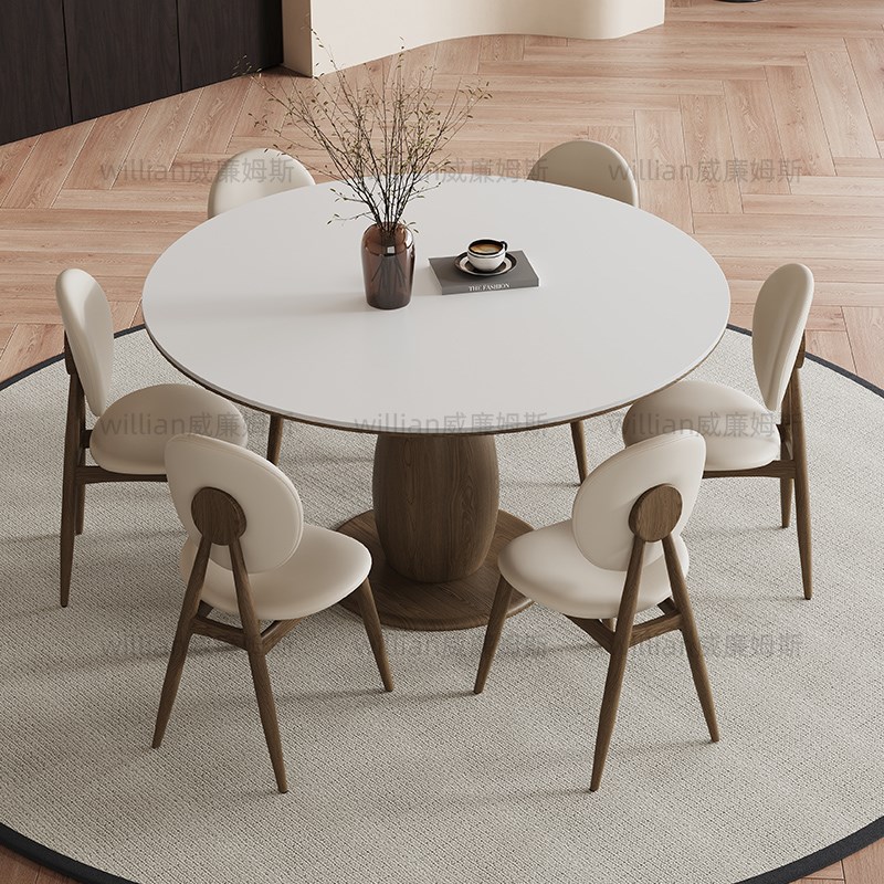 法式中古风实木岩板圆餐桌简约现代1.5米圆桌意式6人圆形实木餐桌