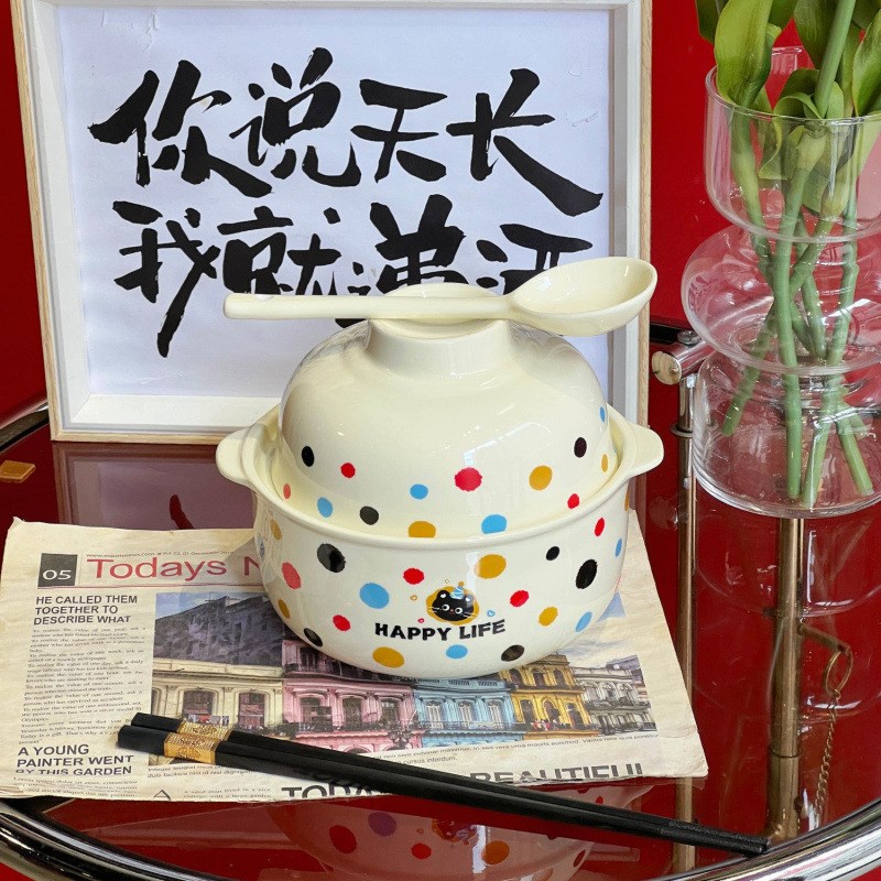 波点泡面碗带盖宿舍用学生方便面碗微波炉饭碗食堂食品级汤碗