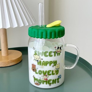 高硼硅玻璃杯学生创意喝水杯加粗吸管杯子大容量带把手果汁牛奶杯