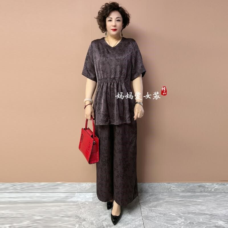 大码中年妈妈上衣套装2024夏季新款女装阔腿裤真丝时尚宽松两件套