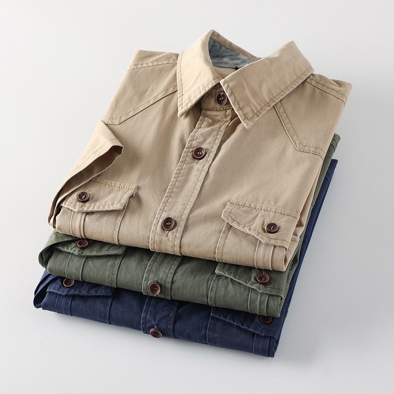 水洗全棉纱卡!硬汉军旅风!夏季多口袋工装肩章款翻领短袖衬衫男