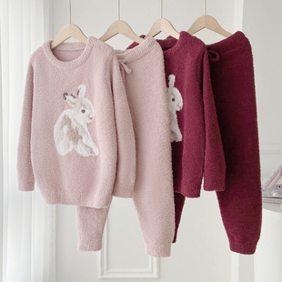 女宝宝儿童家居服秋冬软绵绵圣诞小兔子 亲子装 新款 半边绒睡衣套装