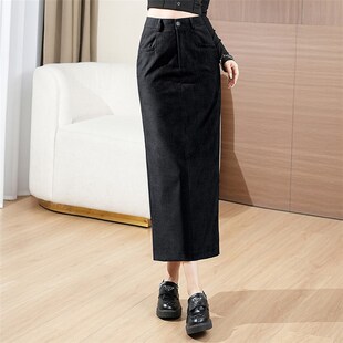 垂感西装料灰色黑色加长款直筒裙半身裙铅笔裙包臀裙后开叉大码裙