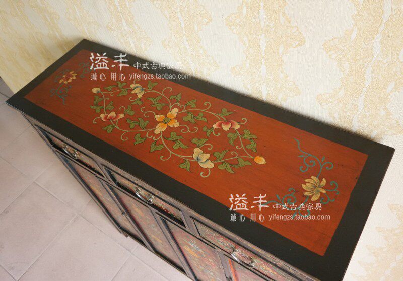 新中式古典家具实木堆花西藏柜描彩绘展示柜手绘储物柜餐边柜斗柜图片