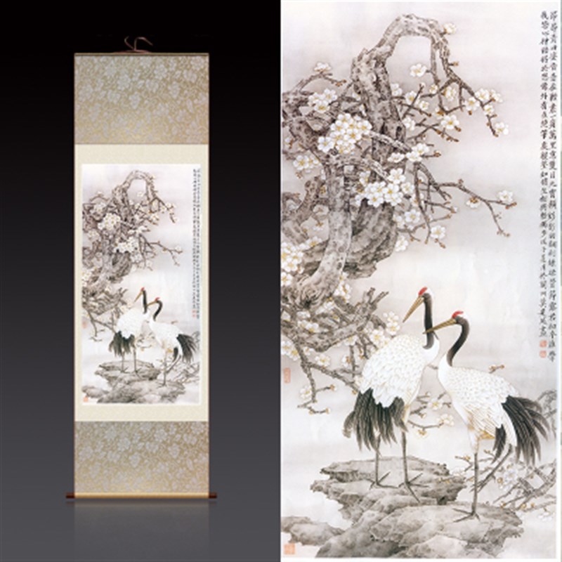 松鹤延年丝绸卷轴挂画国画仙鹤祝寿贺礼佳品客厅玄关装饰画可定制