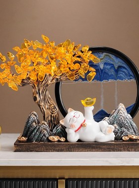 发财树招财进宝摆件招财猫流沙画办公室乔迁开业大吉礼物高档礼品