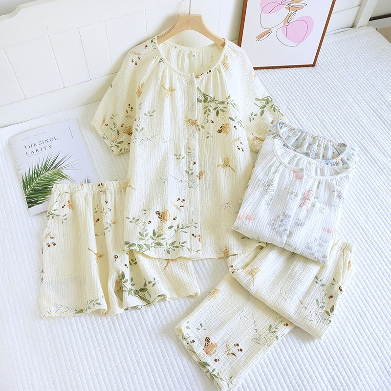 春夏秋季纯棉纱布三件套睡衣女圆领薄款短袖短裤家居服长袖可外穿