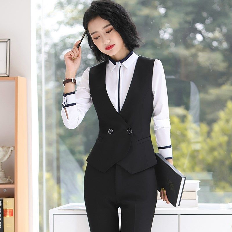春秋黑色西装马甲女职业装套装工装短款马夹背心外穿工作服三件套