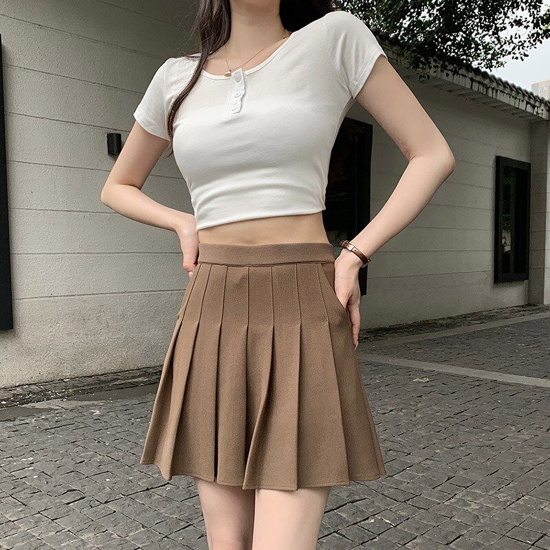 黑色百褶裙女夏季带口袋小个子松紧高腰短裙春秋a字显瘦半身裙裤