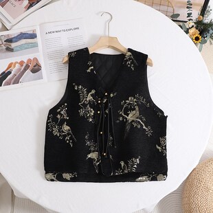 彩系!2024秋新款新中式国风盘扣V领黑色无袖马甲连衣裙时尚套装