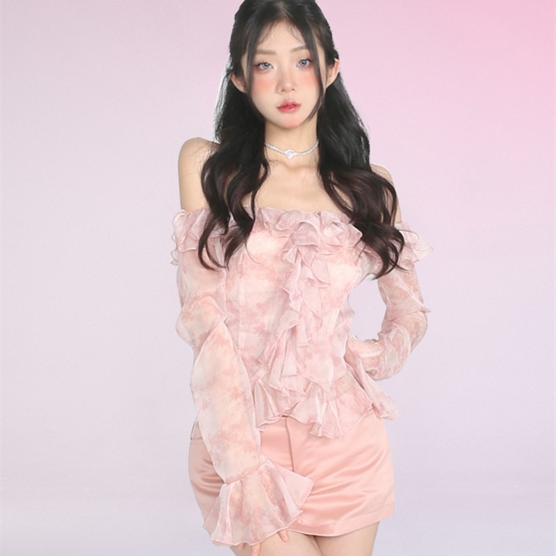 【甜梨呆呆】甜梨呆呆春夏季一字肩喇叭袖上衣粉色荷叶边衬衫小衫