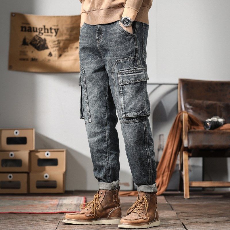 美式重磅工装牛仔裤男士宽松直筒长裤大码多口袋复古灰裤子男春秋