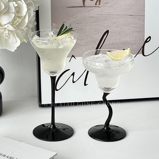 小众黑杆鸡尾酒杯创意个性 弯脚玛格丽特杯香槟杯气泡酒杯高脚杯子