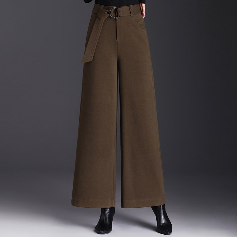 毛呢裤子女秋冬2024新款高腰修身阔腿裤口袋时尚系带红色直筒长裤