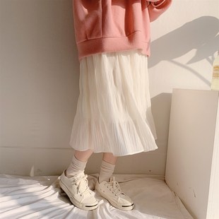 白色仙女褶皱半身裙女春秋配卫衣小个子温柔甜美学院风A字纱纱裙