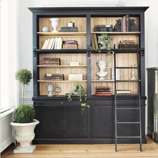 组合书柜美式带梯子 法式复古做旧实木书架储物柜 书房简约展示柜