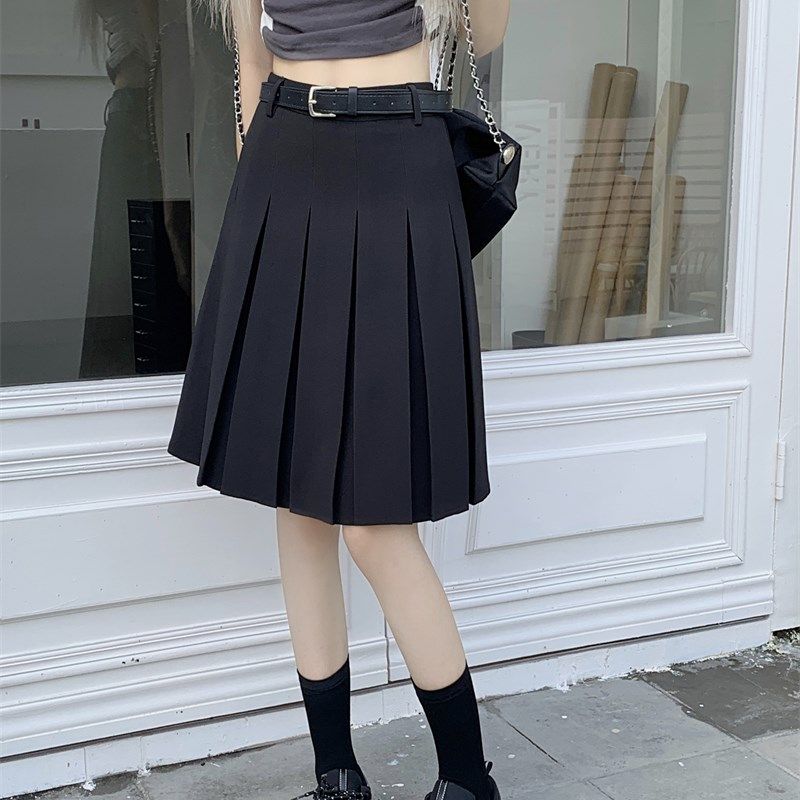 灰色工字褶百褶裙女中长款夏季大码遮胯A字短裙高腰显瘦jk半身裙