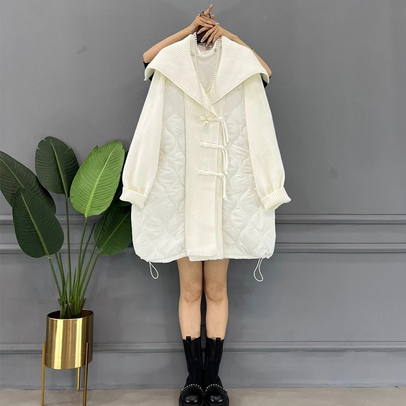 加肥拼接针织披肩领冬季款夹棉外套胖妹妹中长款时尚百搭夹棉大衣