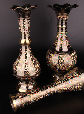 巴基斯坦铜器铜雕花瓶仿古典艺术手工雕刻铜花瓶玄关家居摆设铜瓶