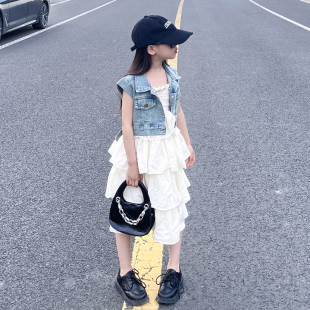 女童夏装套装2023新款大儿童牛仔马甲夏季小孩吊带裙两件套洋气潮