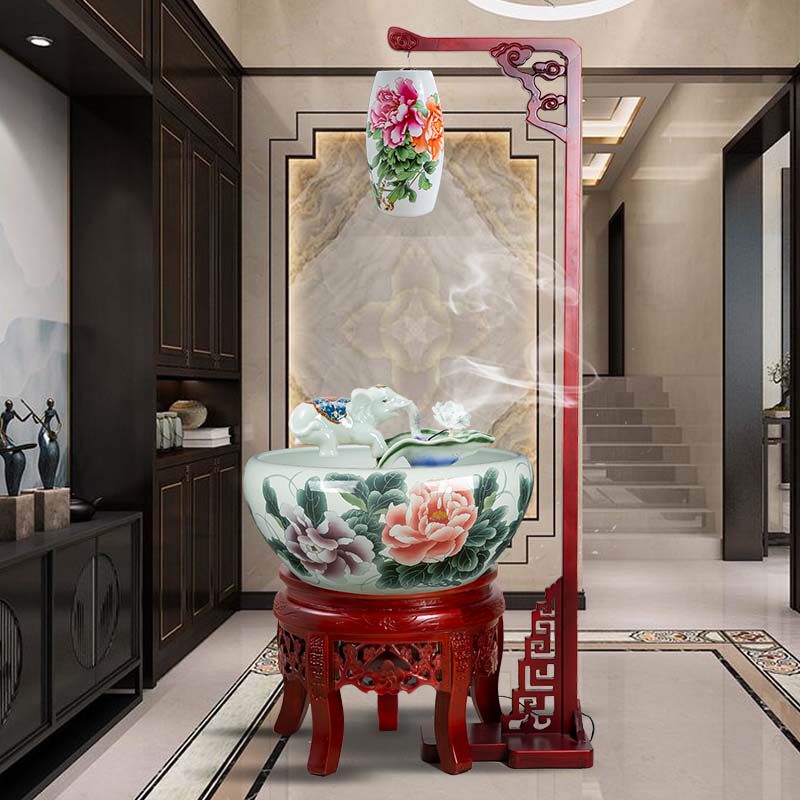 景德镇手工陶瓷鱼缸循环喷水过滤加氧客厅加用睡莲乌龟缸酒店摆件