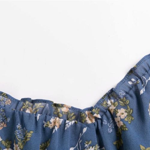 【包邮】法式复古蓝底碎花木耳边V领锁骨后背松紧吊带背心上衣女