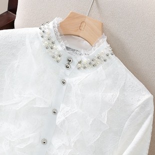 秋冬装新款立领镂空洋气时尚钉珠荷叶花边长袖蕾丝上衣蕾丝衫衬衫