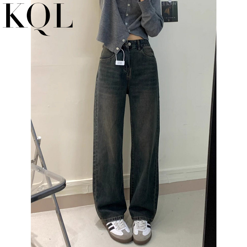 水泥灰阔腿牛仔裤女春秋款薄绒高腰宽松显瘦小个子加绒窄版直筒裤