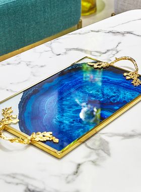 北欧轻奢金边框玛瑙纹大理石纹玻璃金属托盘 家居客厅收纳摆件