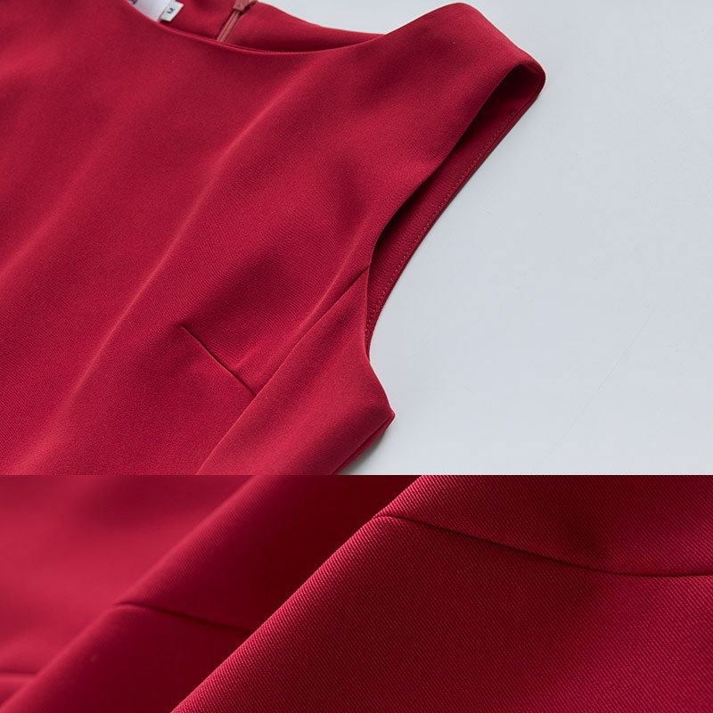 高级感酒红职业西装连衣裙圆领无袖过膝包臀裙工作服上班族OL正装