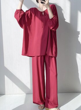 棉绸睡衣女春秋红色套装圆领25年新款夏季宽松绵绸薄款大码家居服