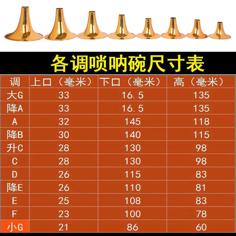黄铜刻花唢呐碗大G A 降B/C/D降E小F调唢呐碗 黄铜碗麻金雕花